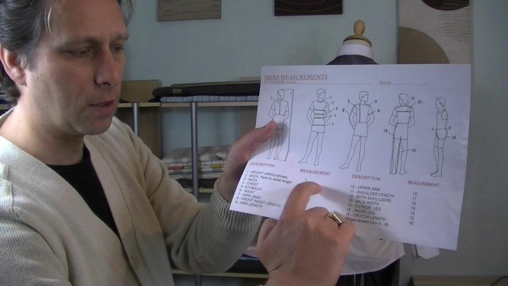 Learn to sew with Michael coates the sewing guru is holding a measurement worksheet which is used to note down your body measurements before you create your toile. #learntosew #howtosew.